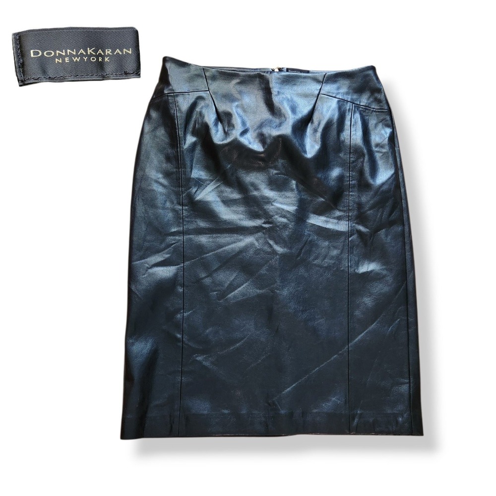 Donna Karan New York Black Faux Leather Pencil Skirt Size 14 High Waist Lined